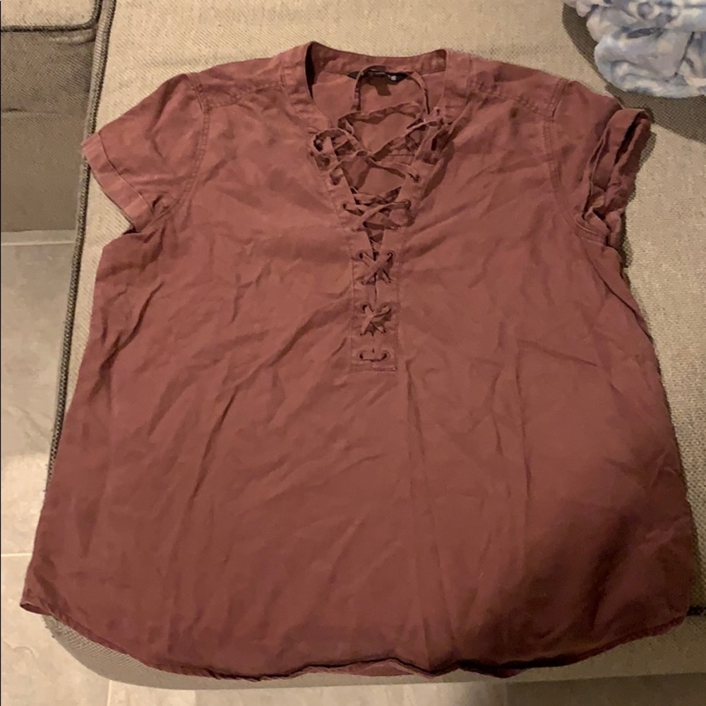 worn once, express, mauve lace up blouse
